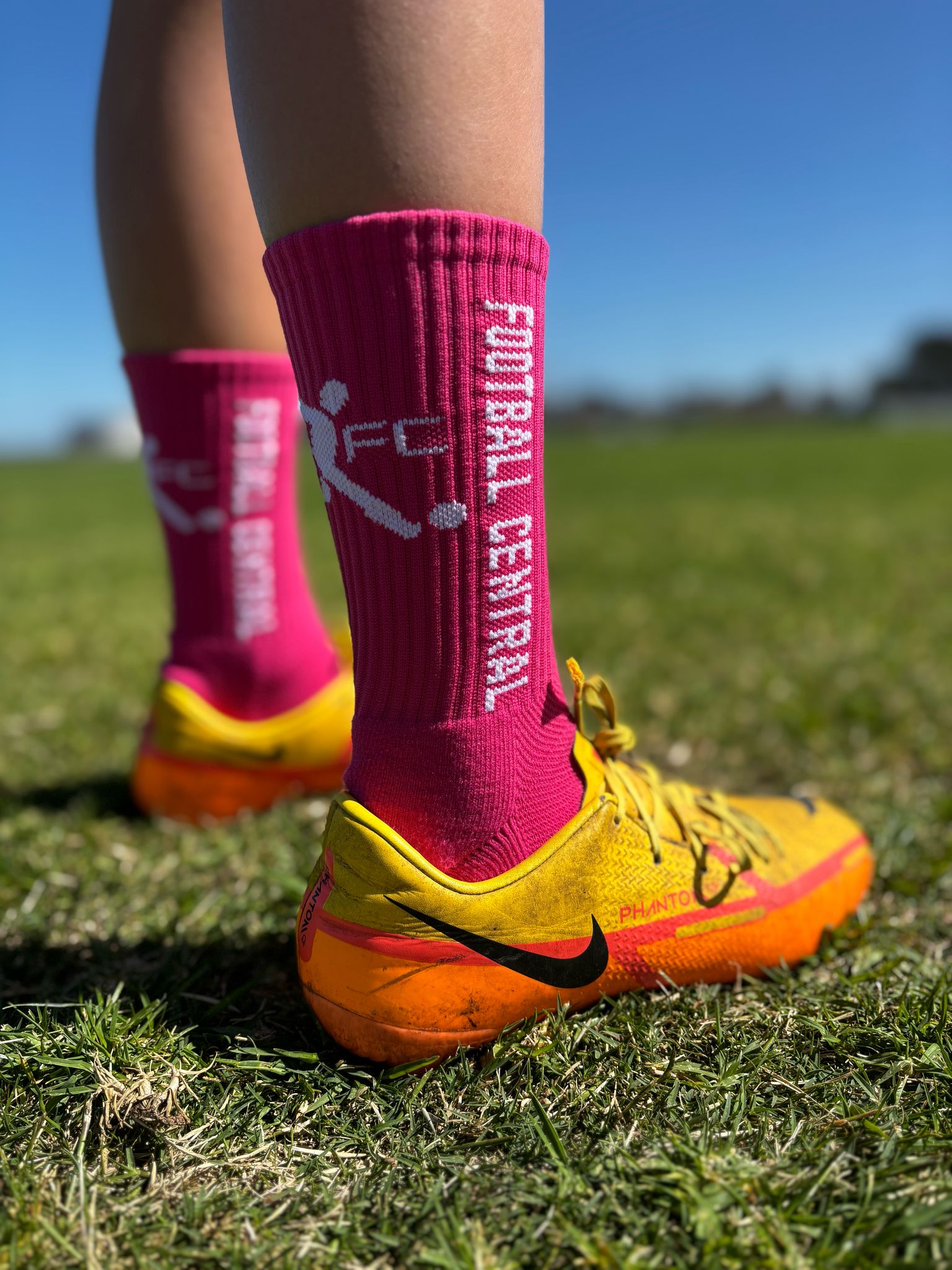 pink grip socks, action image, football grip socks, soccer grip socks