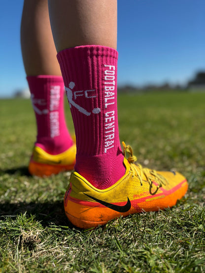 pink grip socks, action image, football grip socks, soccer grip socks